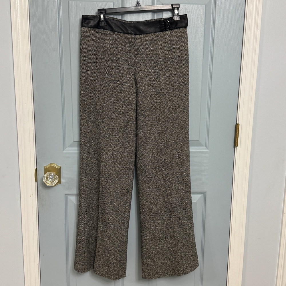 Anthropologie Wool Silk Tweed Pants Black Leather Trim Wide Leg Flare Sz 6